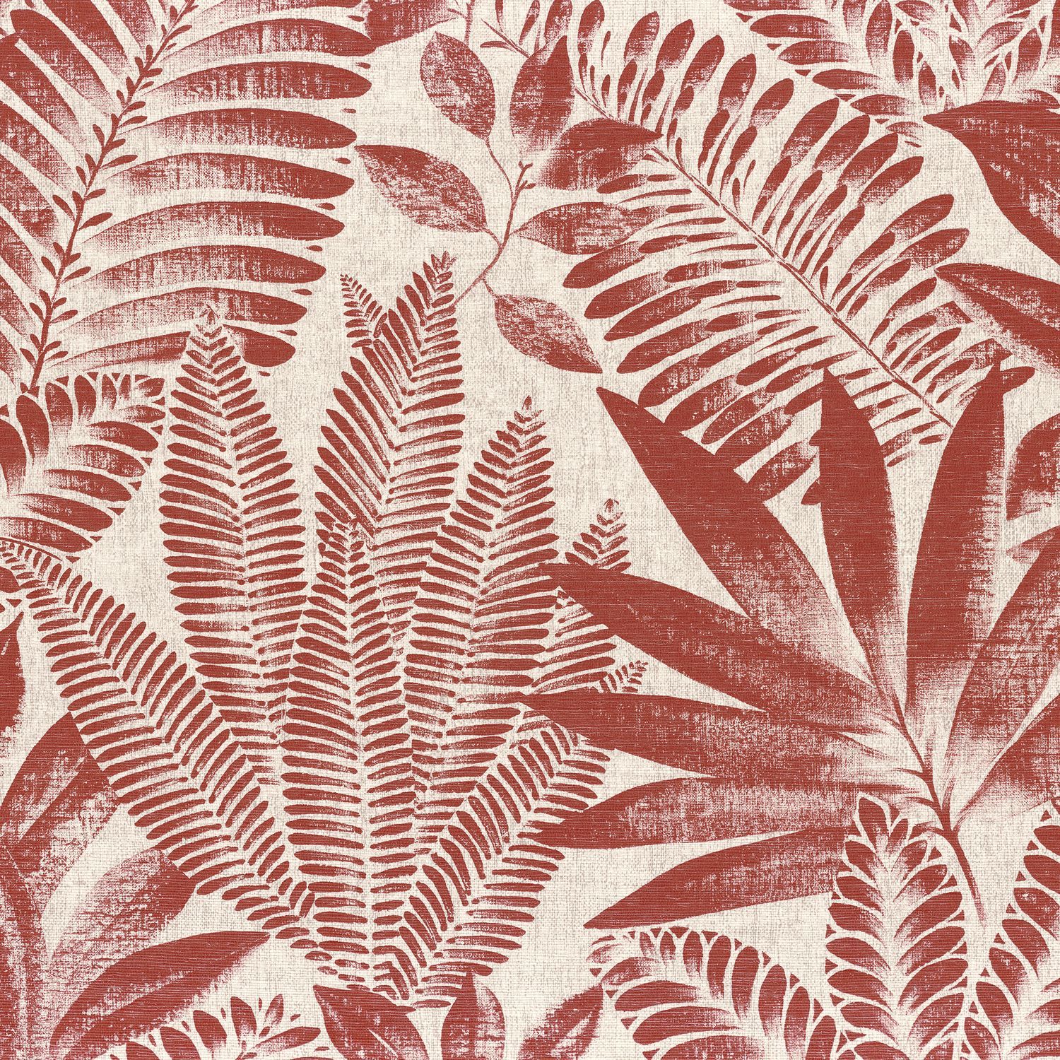 Tapeta stukturalna imitująca płótno z motywem roślinnym ALOES - TERRACOTTA/GREGE terakota z beżowym