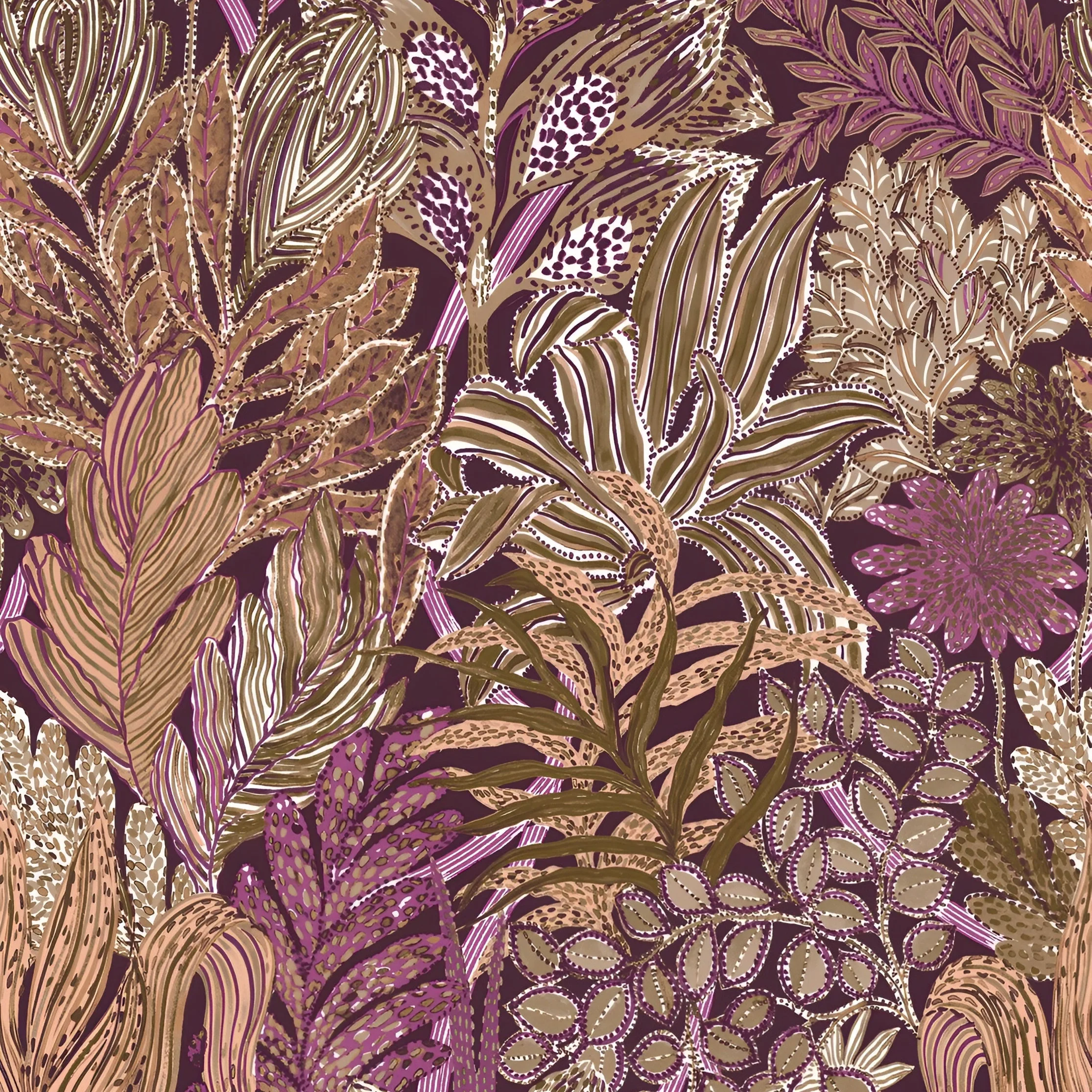 Tapeta z motywem roślinnym tropikalnych liści BORROMMEE - POURPRE/OLIVE purpurowy z oliwkowym