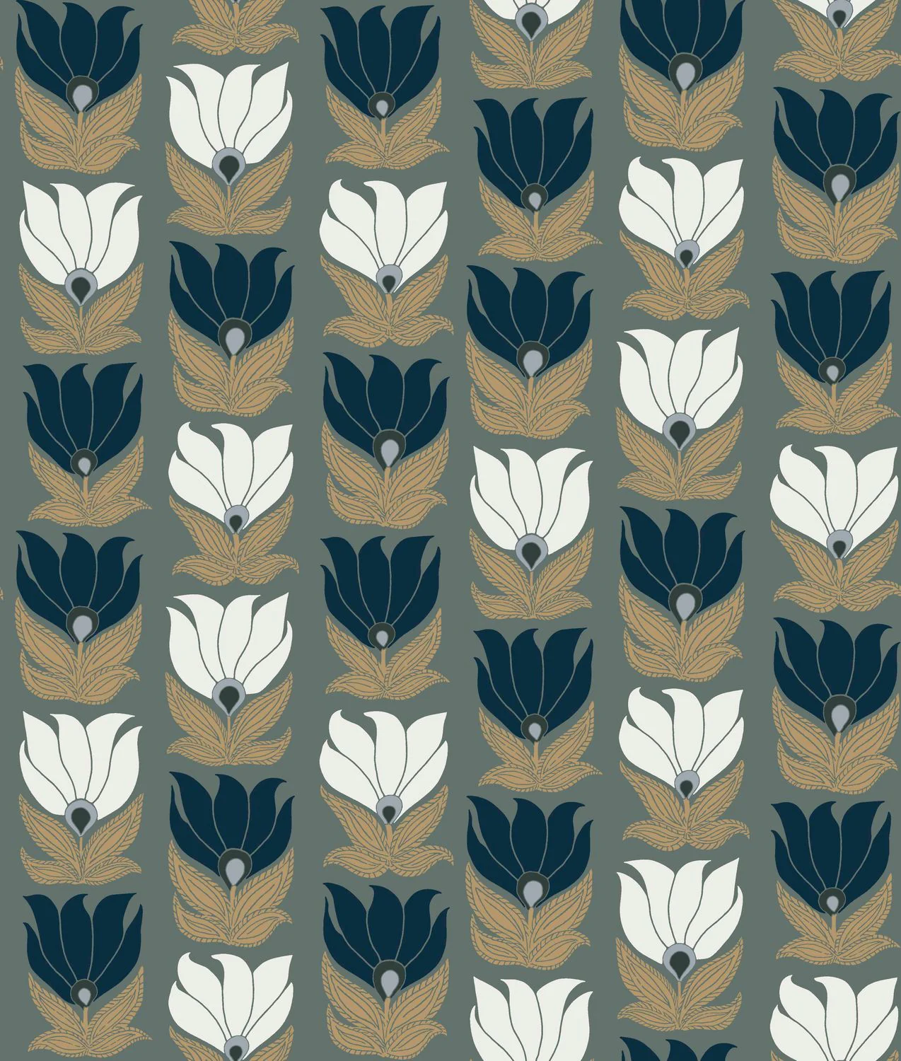 Tapeta z motywem roślinnym kwiatów DAUPHINE - VERT DE GRIS/DORE zielony ze złotym i niebieskim - Image 3