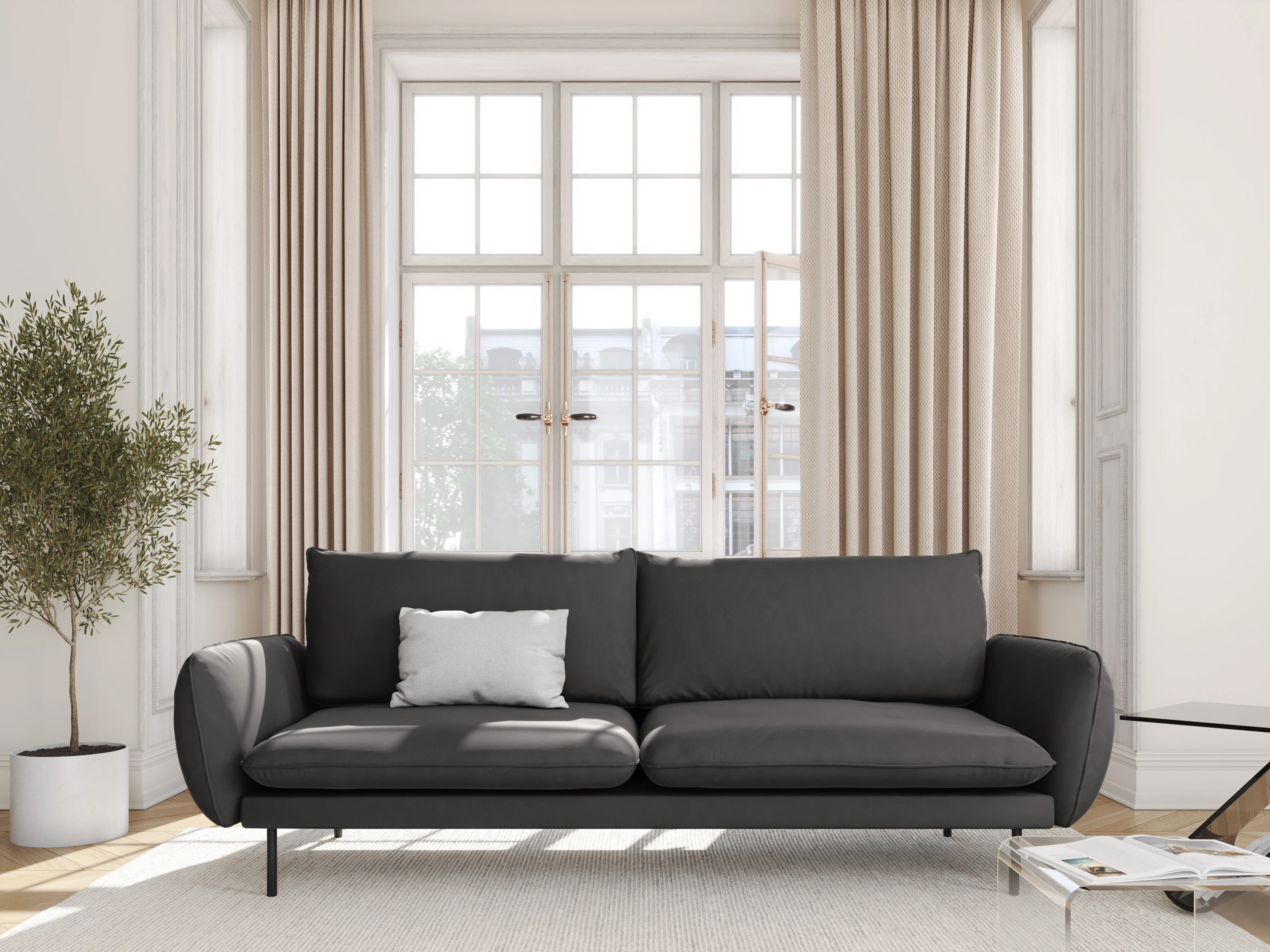 Sofa aksamitna 4-osobowa VIENNA ciemnoszary z czarną podstawą - Image 2